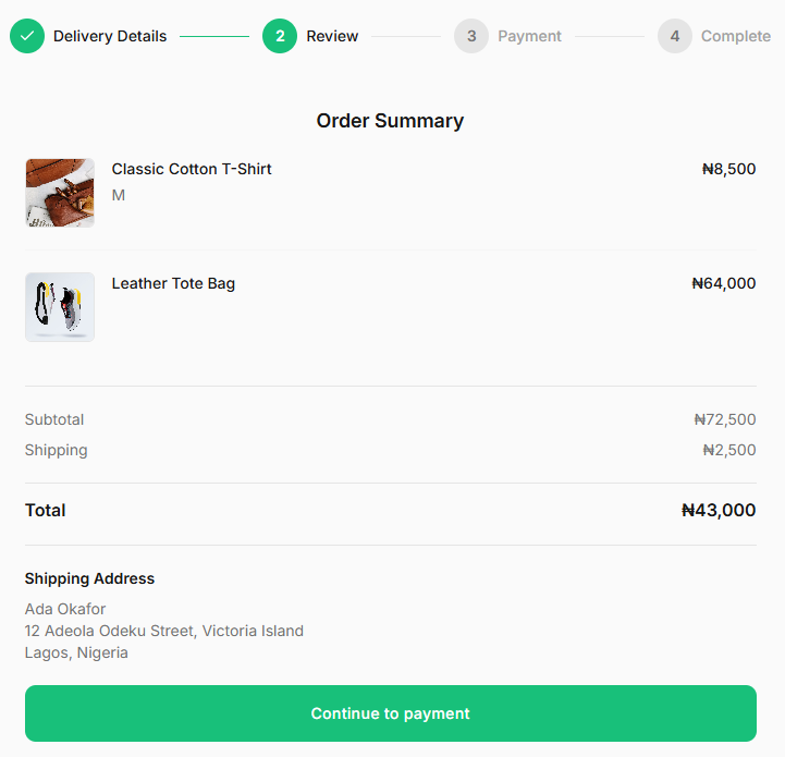 The checkout page on a Vendeck storefront, showing the order summary and a Continue to payment button